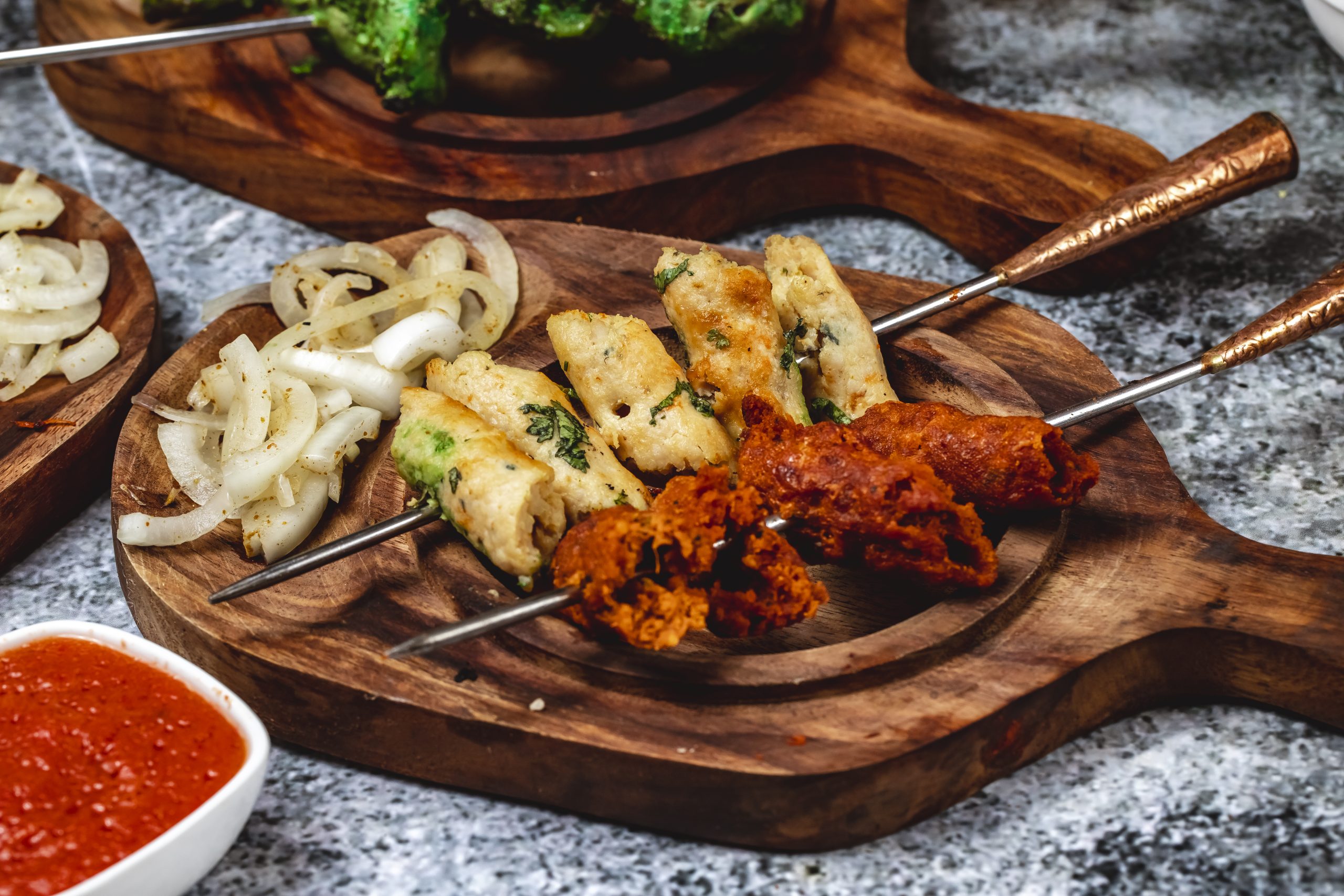 side view garlic bread with greens minced meat grilled onion board scaled Recipes